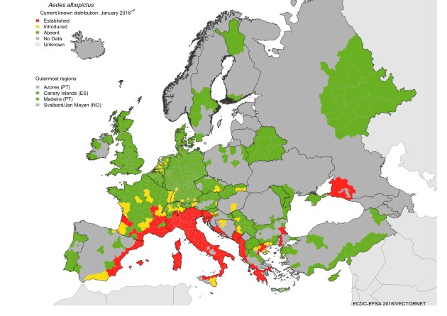 Aedes albopictus - current known distribution - January 2016